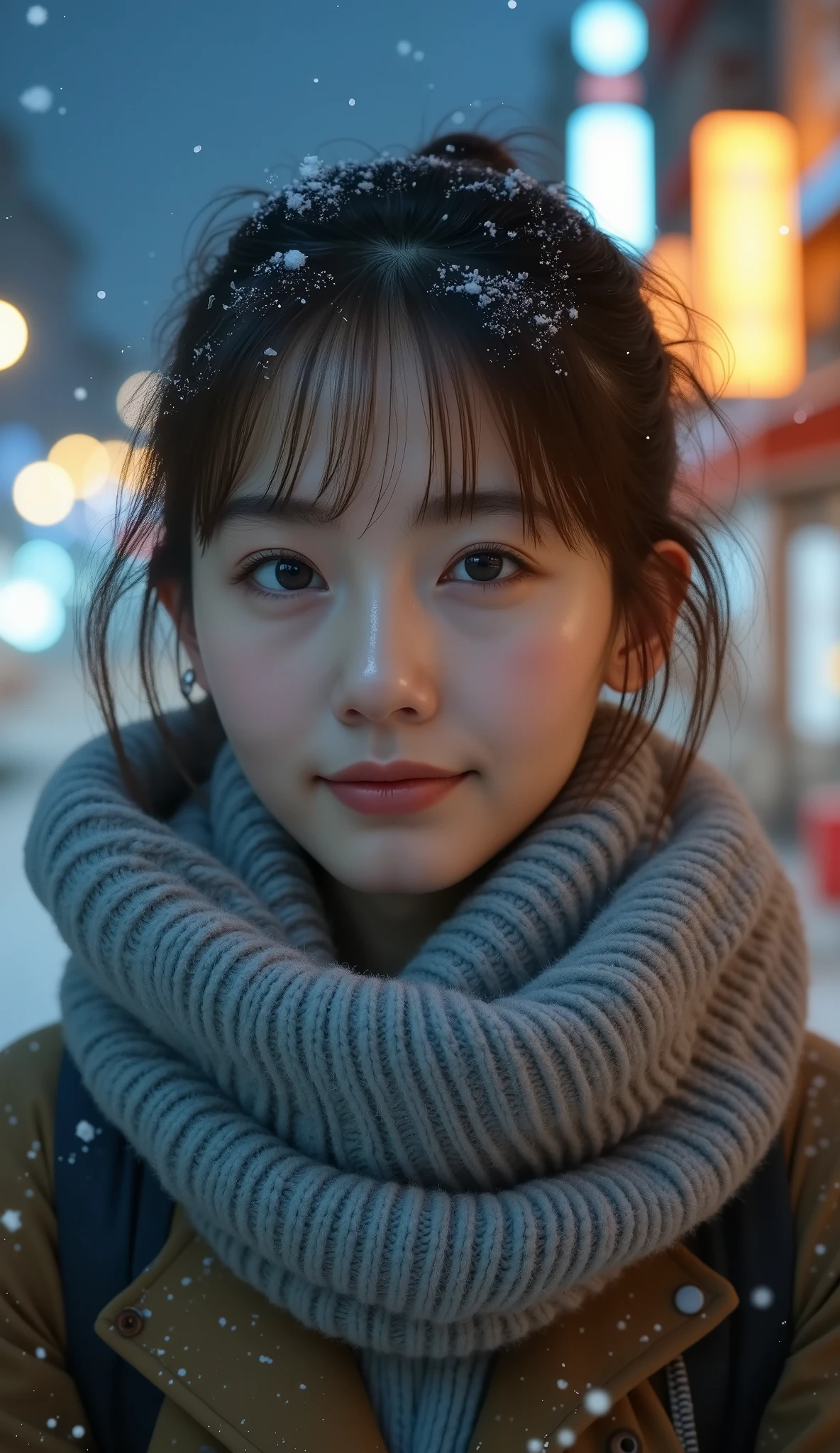 (( no makeup、 closes her mouth:1.2))、(Realistic、 Photorealistic 、 ultra-detailed、Best detailed skin、top-quality、masterpiece、 super A high resolution )、 cute woman、、 high school girls、、 1 girl has 、Has bangs、Ash Blonde:1.7、 double eyelids、Droopy eyes、 Japanese face 、purity、Double tooth 、Realisticな肌のタイプ、Thick muffler、Grey scarf、 fluffy hair that pulls the body together、(( Her hair is inside a scarf:1.3))、 red cheeks 、 wind is blowing from 、 snow is falling 、night、Illuminations、Lighting from behind