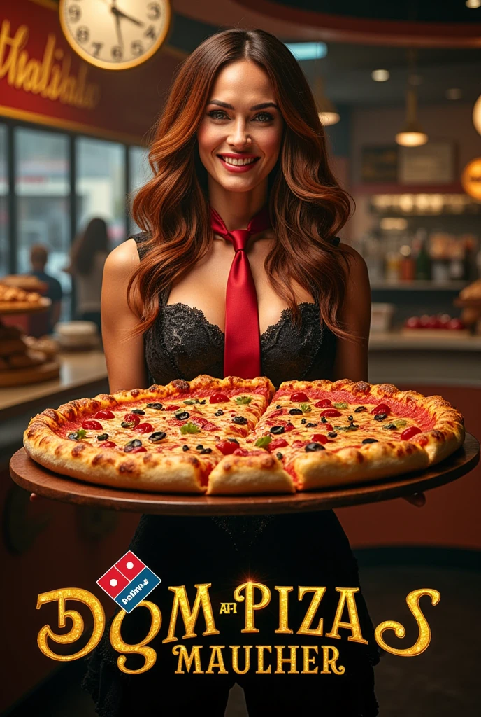  CM Poster is "Big Pizza Free Present Day " written in middle golden decoration letters at the bottom of the screen,  domino pizza logo, front view  Standing Pose , hold a  1 domino big pizza ,Megan Fox, smile ,witch style, red necktie,  Domino pizza shop, noon,(super detail, high details, high quality, accurate, anatomically correct, textured skin, beautiful fingers super detail, high details, high quality, best quality)
