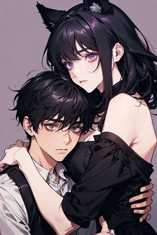 England Guy with Light skin, medium black hair, heterochromia, his left eye is orange and his right eye is green, he uses emo clothes, and is kissing a asian woman with Medium black hair with a front purple bang, white skin, pink eyes, goth clothes --auto --s2