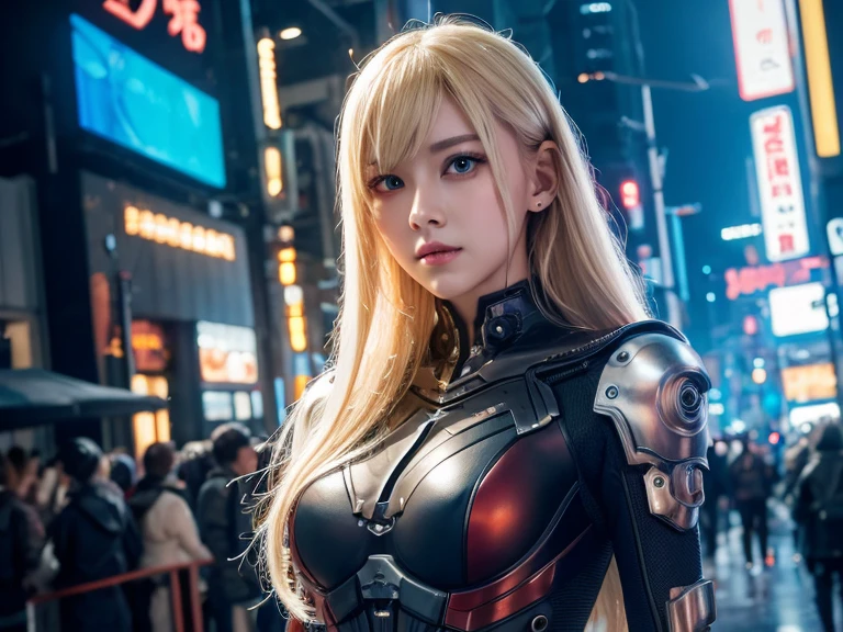 (1.Mechanical Girl)、Top quality、masterpiece、Ultra-high resolution、(Photorealistic:1.4)、original photo、1 girl、blond hair、Glowing skin、(((1.Mechanical Girl)))、(LED light mechanical helmet)、(Small LED)、((Ultra-realistic details))、porch、Global Illumination、shadow、Octan Rendering、8k、Super sharp、huge 、Bare skin is exposed in the cleavage、Metal、Intricate decorative details、Japan Details、Extremely complex details、realistic light、CG social trends、Red Eyes、Radiant eyes、face camera、Neon detail mechanical limbs)、(Blood vessels connected to tubular mechanical vertebrae connected to the back、Mechanical cervical fixator、(Wires and cables to the head)、Gundam、Small LED、,Mechanical thigh、Tustock、