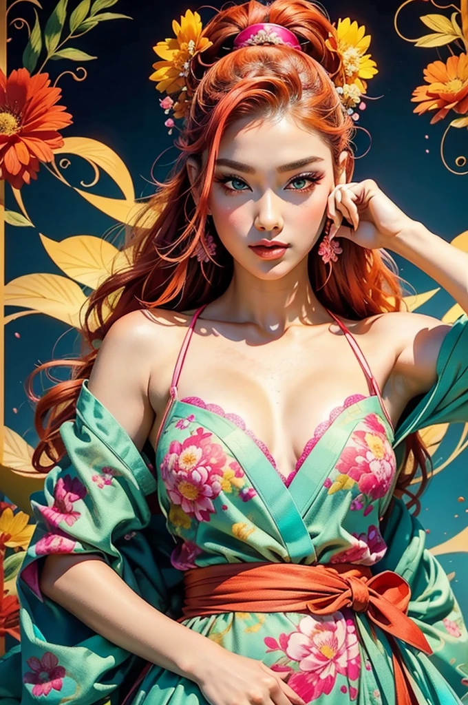 (((巨作+beste Quality+highly resolution+Ultra detailded)))、Nami\(onepiece\)、long silky orange hair、noble and inviolable temperament、(([a women]:1.2 + [a beauty]:1.2 +Orange long hair:1.2))、pirate ship background、(onepiece)、blue skies、A bracelet、the clouds、Denim pants、shoulder tattoo、Bright eye、Dynamic angles and postures、Natural skin、Green and white bra