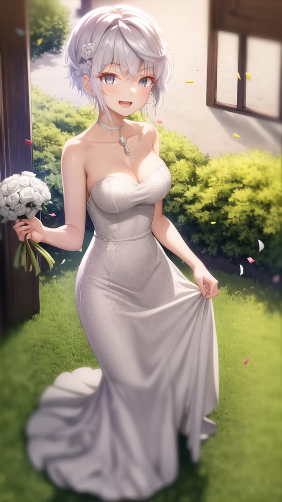 masterpiece, best quality, girl, solo, looking at viewer, lugh_tuatha_de, white hair, grey eyes, large breasts, wedding dress, standing, garden, confetti, holding bouquet, smile, open mouth,