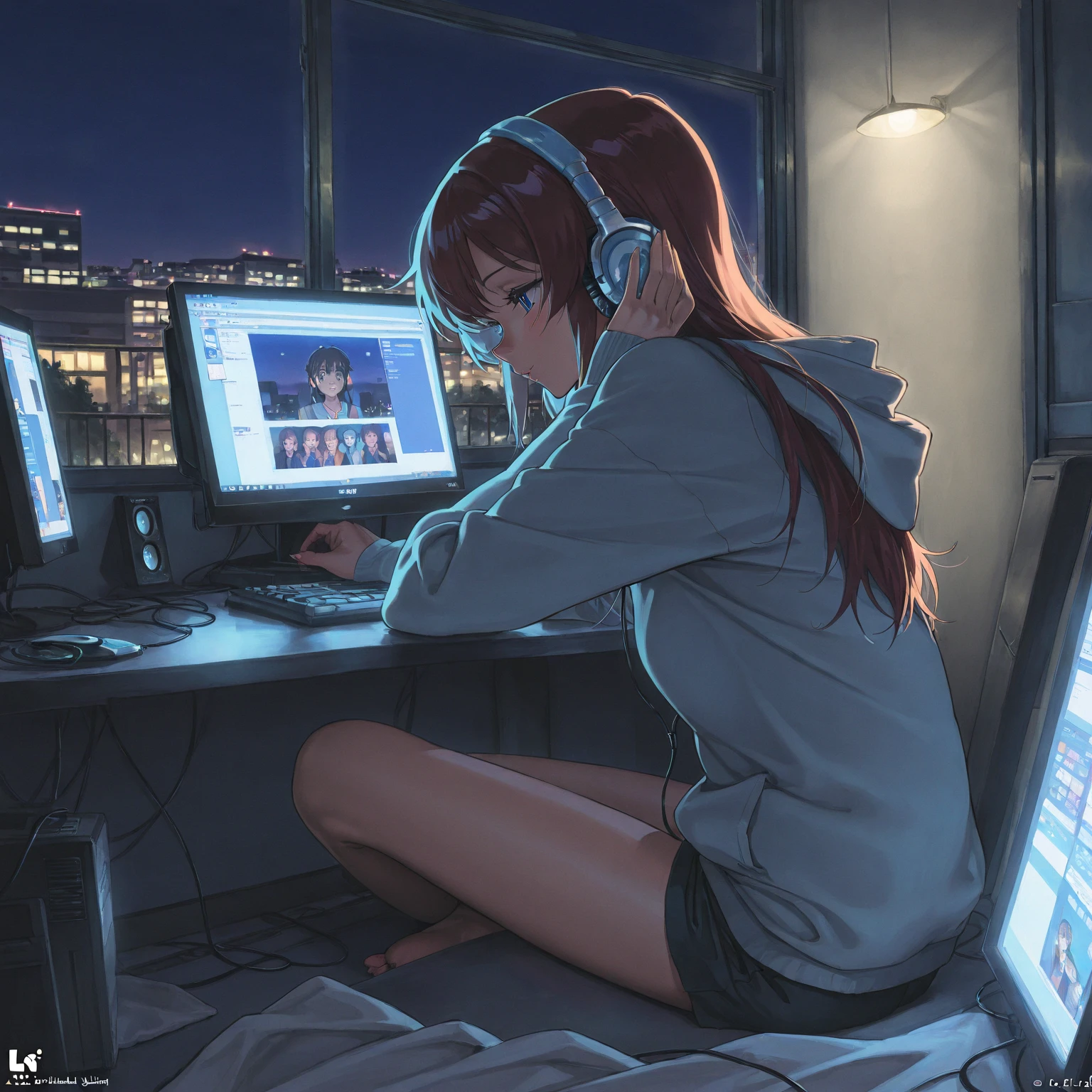 "An anime girl sitting in a cozy bedroom in front of a computer (seen from behind), a girl listening to music in a cozy room at night, wearing headphones, on the rooftop, enjoying beautiful night views from the windows, surrounded by lots of stuff, in a 2D anime style, with a 90s anime aesthetic, lo-fi, highly detailed, with a hard disk, a mix of anime style and Fujifilm, hyperrealistic, in 8K, a masterpiece."