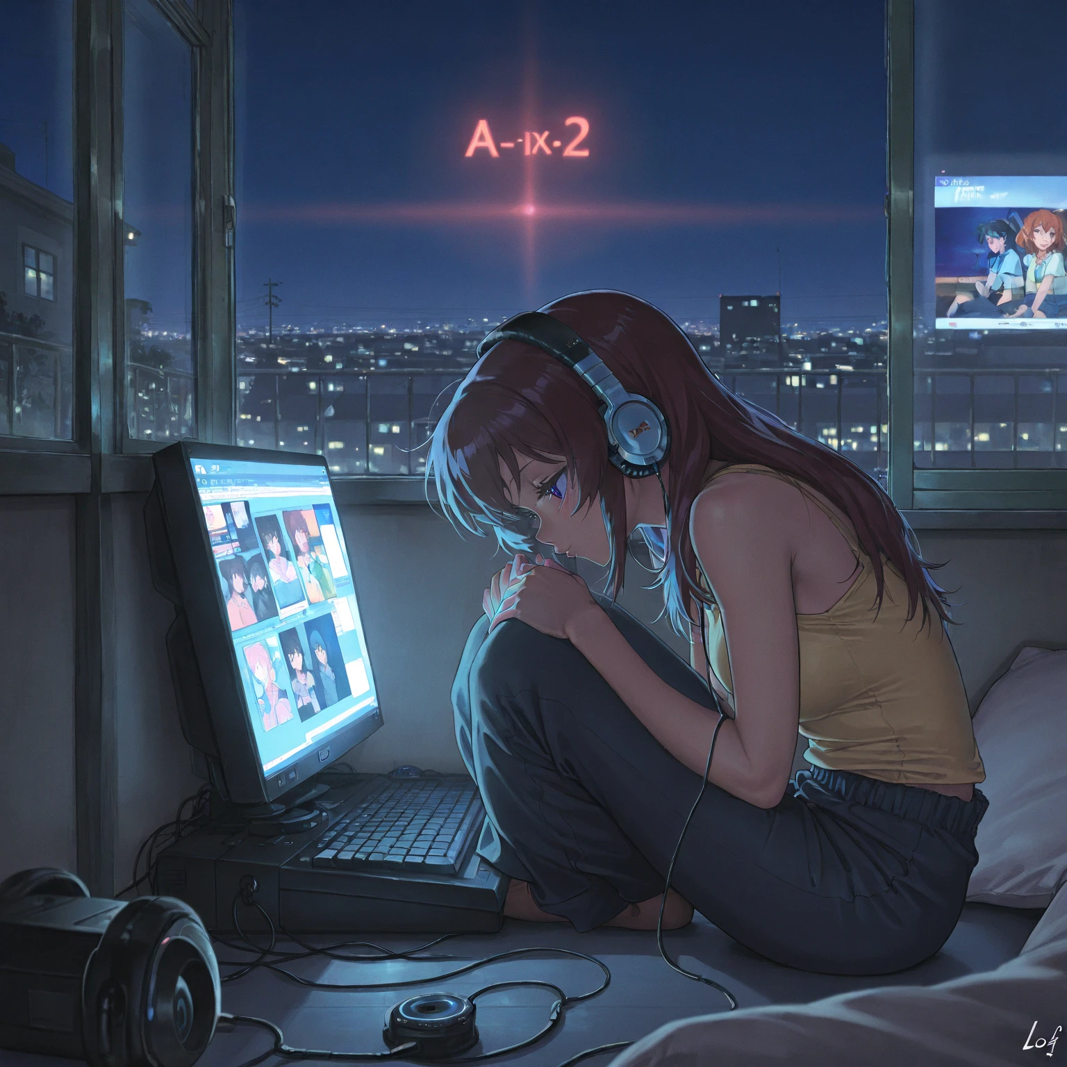 "An anime girl sitting in a cozy bedroom in front of a computer (seen from behind), a girl listening to music in a cozy room at night, wearing headphones, on the rooftop, enjoying beautiful night views from the windows, surrounded by lots of stuff, in a 2D anime style, with a 90s anime aesthetic, lo-fi, highly detailed, with a hard disk, a mix of anime style and Fujifilm, hyperrealistic, in 8K, a masterpiece."