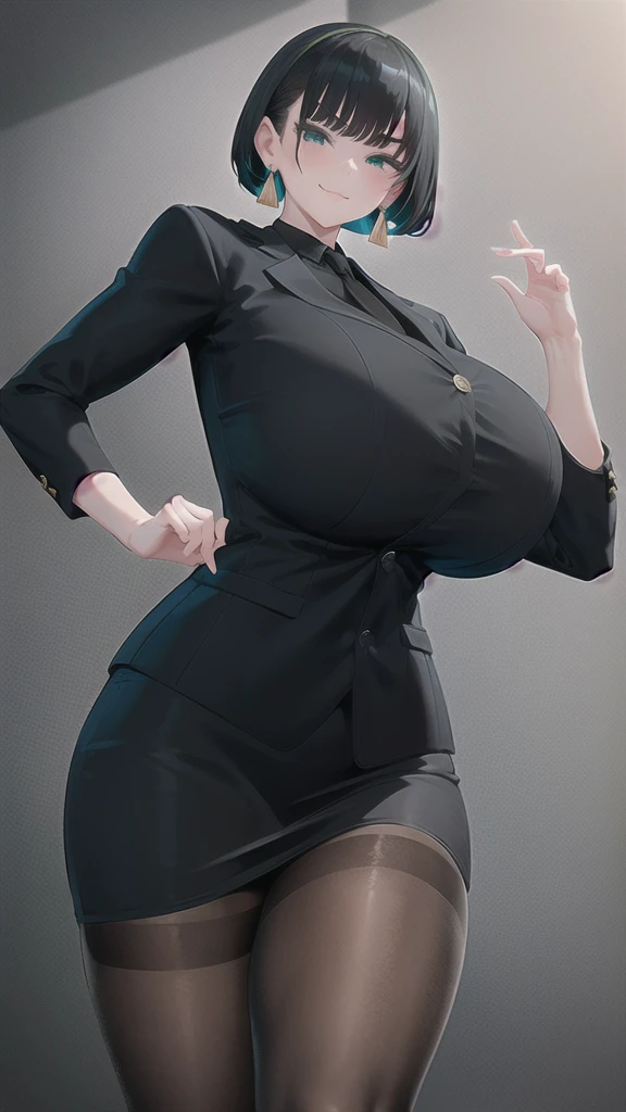 SFW, (Matte texture), 1 Secretary to support the viewer, ALLMIND, smug, naughty smile, (black hair), (short bob), earring, (green eyes), (tall and slim:1.2), (sensual body:1.2), (stocky build:1.2), (gigantic breasts), (thick thigh), (huge hip), (business suit, black shirt, Fastened buttons, tight skirt, Pantyhose:1.2),  (cyberspace background), masterpiece, high quality, high detail