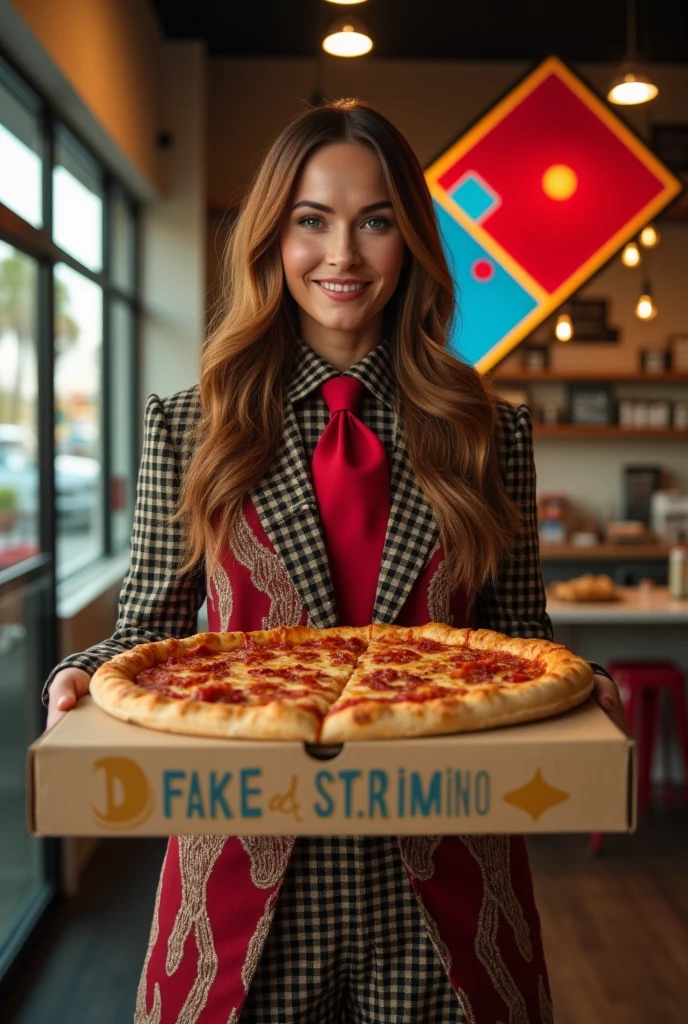  CM Poster is " Pizza Free Present Day " written in middle golden decoration letters at the bottom of the screen,  domino pizza logo, front view  Standing Pose , hold a  1 domino big pizza ,Megan Fox, smile ,witch style, red necktie,  Domino pizza shop, noon,(super detail, high details, high quality, accurate, anatomically correct, textured skin, beautiful fingers super detail, high details, high quality, best quality)
