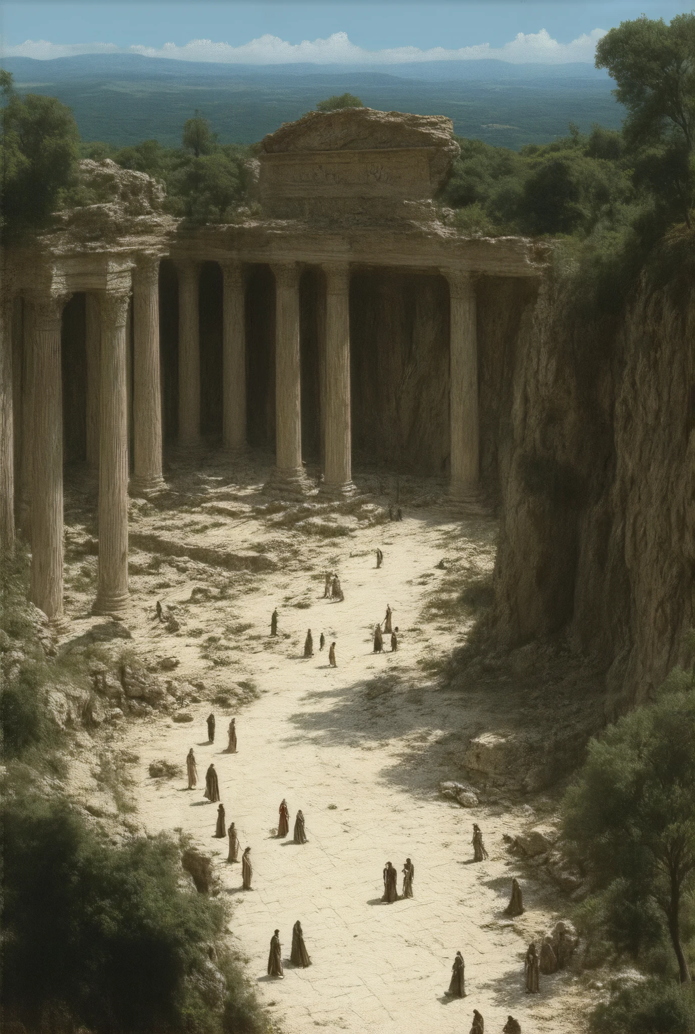 An ancient archaeological site featuring a wide, paved street flanked by columns and remnants of historic structures. ancientstyle, The ruins exhibit detailed stonework, with fallen and standing pillars providing glimpses into a past civilization's grandeur. A grand facade with intricate carvings stands prominently in the distance. The site is surrounded by lush green trees and distant rolling hills, under a clear blue sky. Visitors explore the site, adding a sense of scale and human connection to the historical landscape.