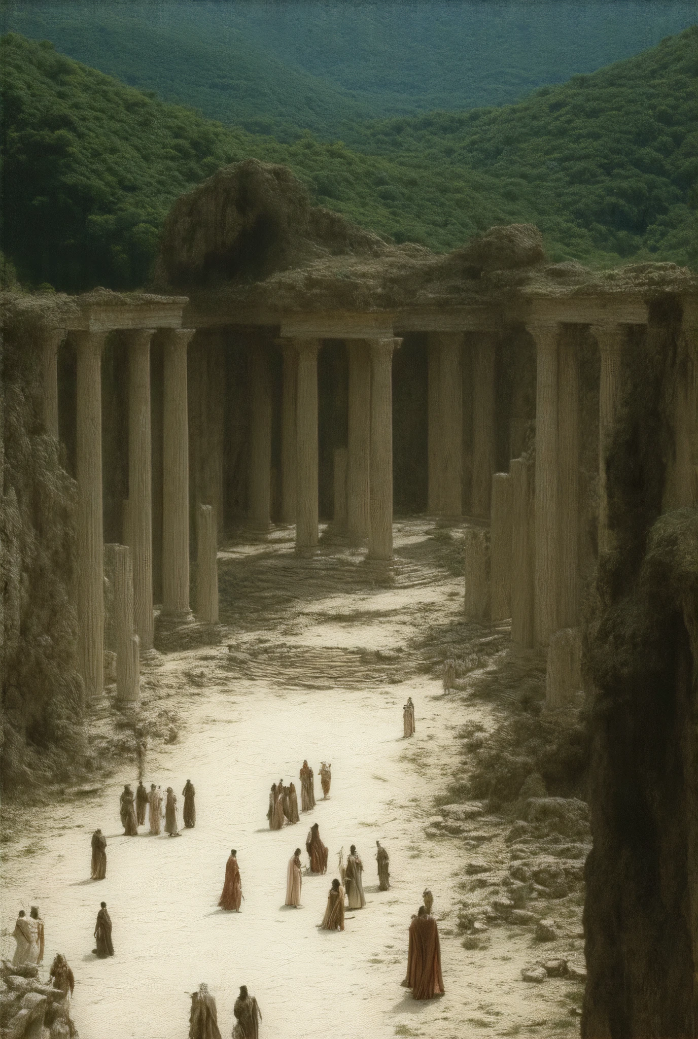 An ancient archaeological site featuring a wide, paved street flanked by columns and remnants of historic structures. ancientstyle, The ruins exhibit detailed stonework, with fallen and standing pillars providing glimpses into a past civilization's grandeur. A grand facade with intricate carvings stands prominently in the distance. The site is surrounded by lush green trees and distant rolling hills, under a clear blue sky. Visitors explore the site, adding a sense of scale and human connection to the historical landscape.