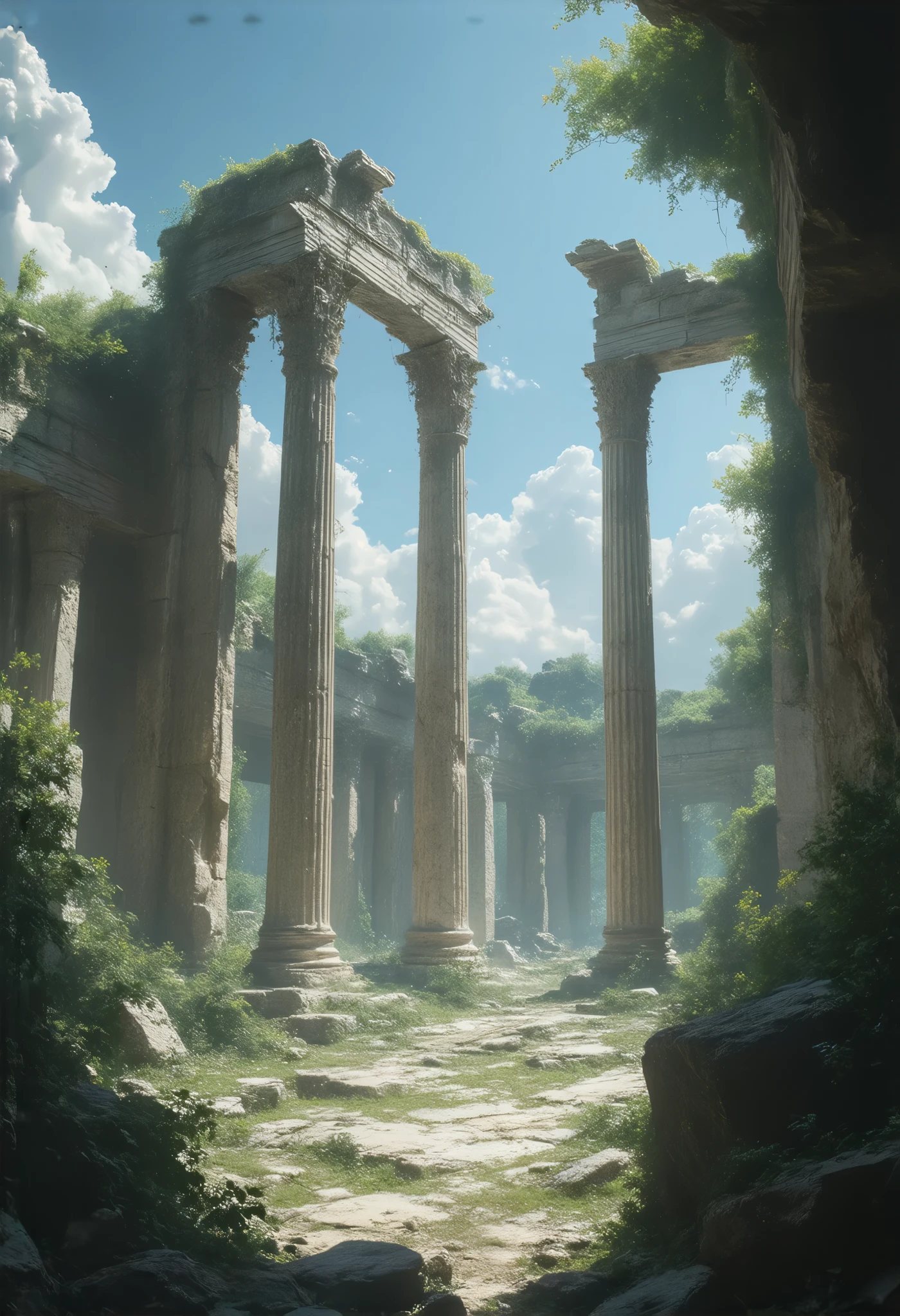 illustration, best quality, dynamic composition, ancient ruins, marble columns, intricate carvings, bright sunlight, warm tones, historic architecture, clear blue sky, peaceful atmosphere, soft shadows, detailed textures, overgrown greenery in background ,wash art,overlay