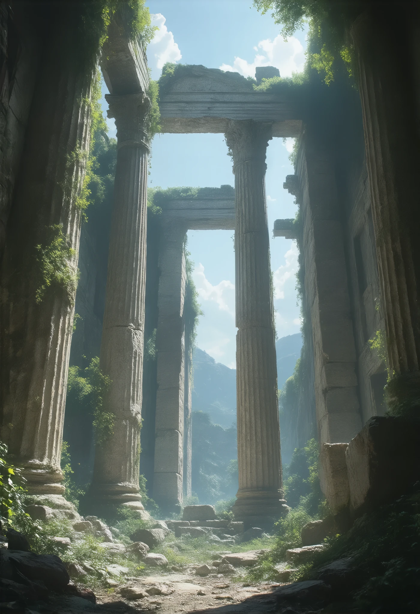 illustration, best quality, dynamic composition, ancient ruins, marble columns, intricate carvings, bright sunlight, warm tones, historic architecture, clear blue sky, peaceful atmosphere, soft shadows, detailed textures, overgrown greenery in background ,wash art,overlay