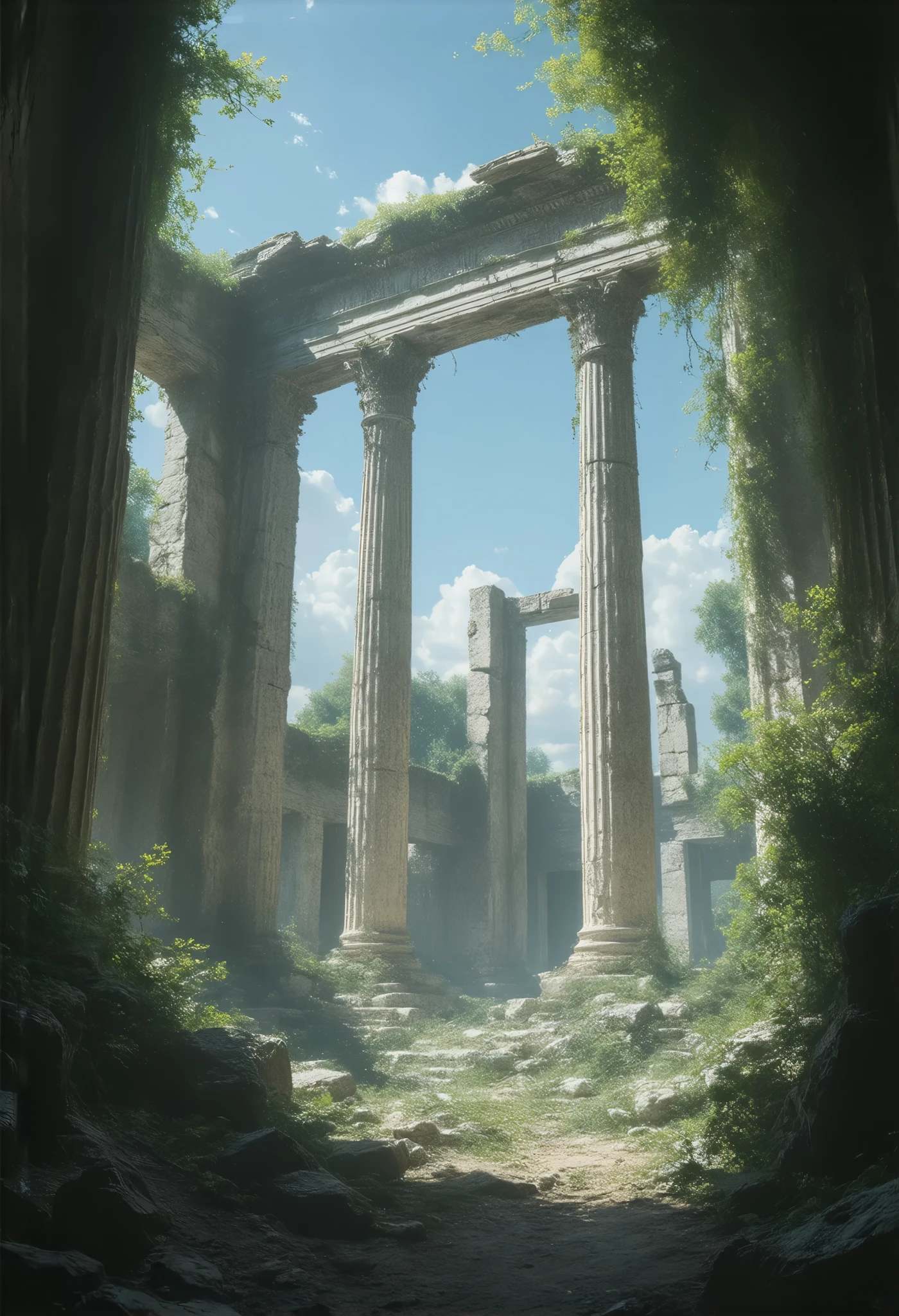 illustration, best quality, dynamic composition, ancient ruins, marble columns, intricate carvings, bright sunlight, warm tones, historic architecture, clear blue sky, peaceful atmosphere, soft shadows, detailed textures, overgrown greenery in background ,wash art,overlay