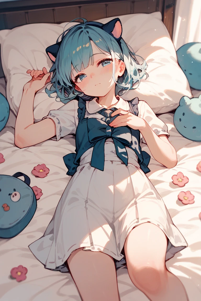 Cute anime girl lying in bed, blush