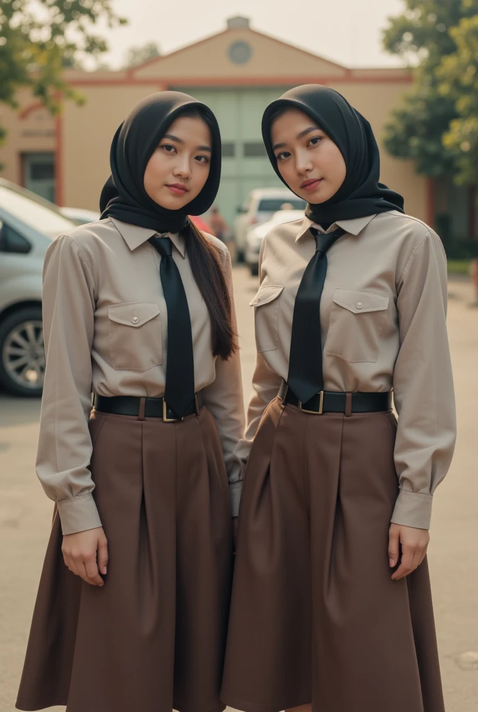 Two beautiful young indonesian women  ((big boobs 2 .3))  standing in front of the schoolyard  )). (( Wearing Islamic hijab covering the neck color black )) ((shirt pocket on the left breast )). (( long sleeve shirt buttoned a little brown)). Shirt Pocket on the left chest . ((Skirt up to the calf color slightly brown )) (( wears black school belt )). ((feet wearing black shoes.))  black to calf socks )). full body. ((look down)) ((seyum inappropriate.))see the audience. (( Rough colored Cctv footage . Warm light .  Low light.))