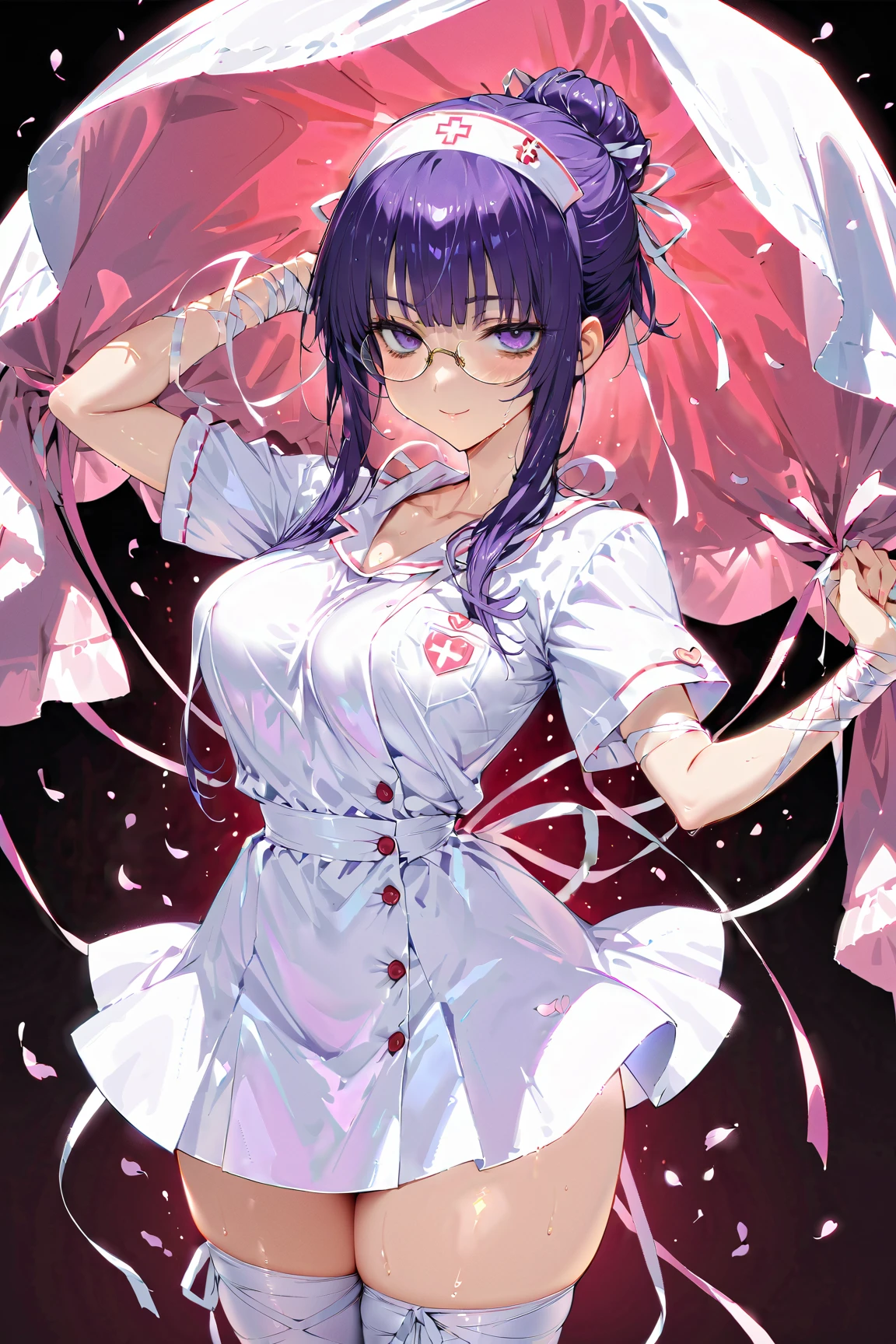 (SFW:1.5), Blindfolded ite mature woman 、nurse clothes in pastel colors、 with frills and an embroidered parasol and smiles bewitchingly、 fighting pose、
Large breasts、detailed hairband, (( chignon hair))、(bags under eyes), Round Glasses, violet hair, cowboy shot,  thick thighs、 simple light background、 heart mark in the eye, (glistening skin), (oily skin), (shiny skin),(half closed eyes), My skin is shaking 、(Obscene lines)、( obscene sound effect)、( entangled in lots of ribbons:1.2),, (Ribbons wrapped around arms :1.3)、 ( ribbons entangled around neck :1.3)、 ( ribbons entangled in legs :1.3)、 light-permeable curtains 、Petals dancing in the air in large numbers 、