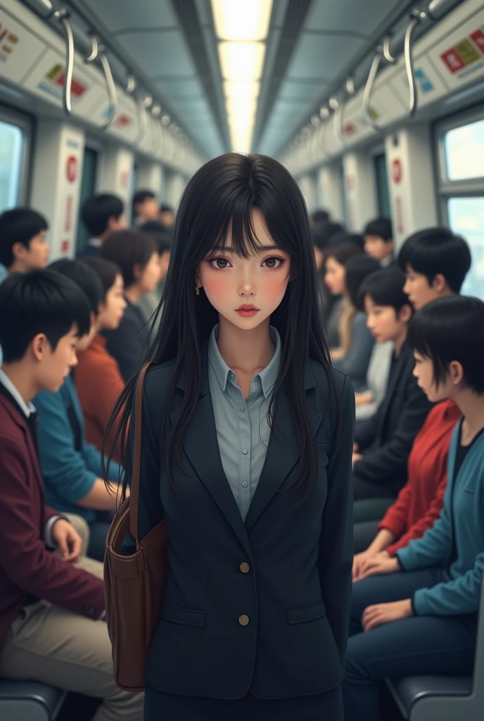 Make an image of a Korean woman on the subway with people in the ...