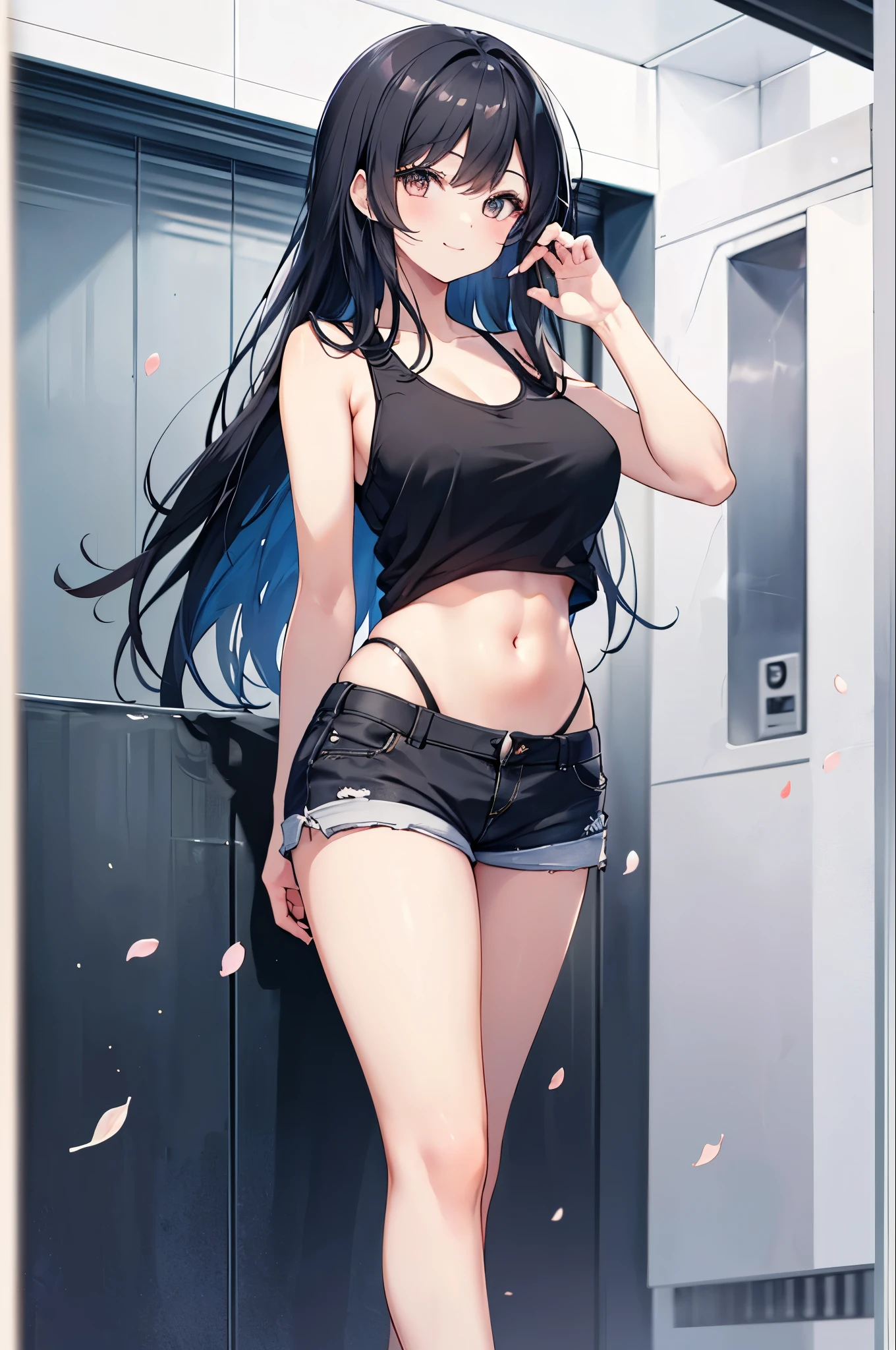 ((1girl)), one beautiful girl, detailed beautiful hair, detailed beautiful eyes, long blue hair, glasses, black bikini top, jean shorts, standing, dramatic pose, cowboy shot, cinematic lighting, dramatic lighting,