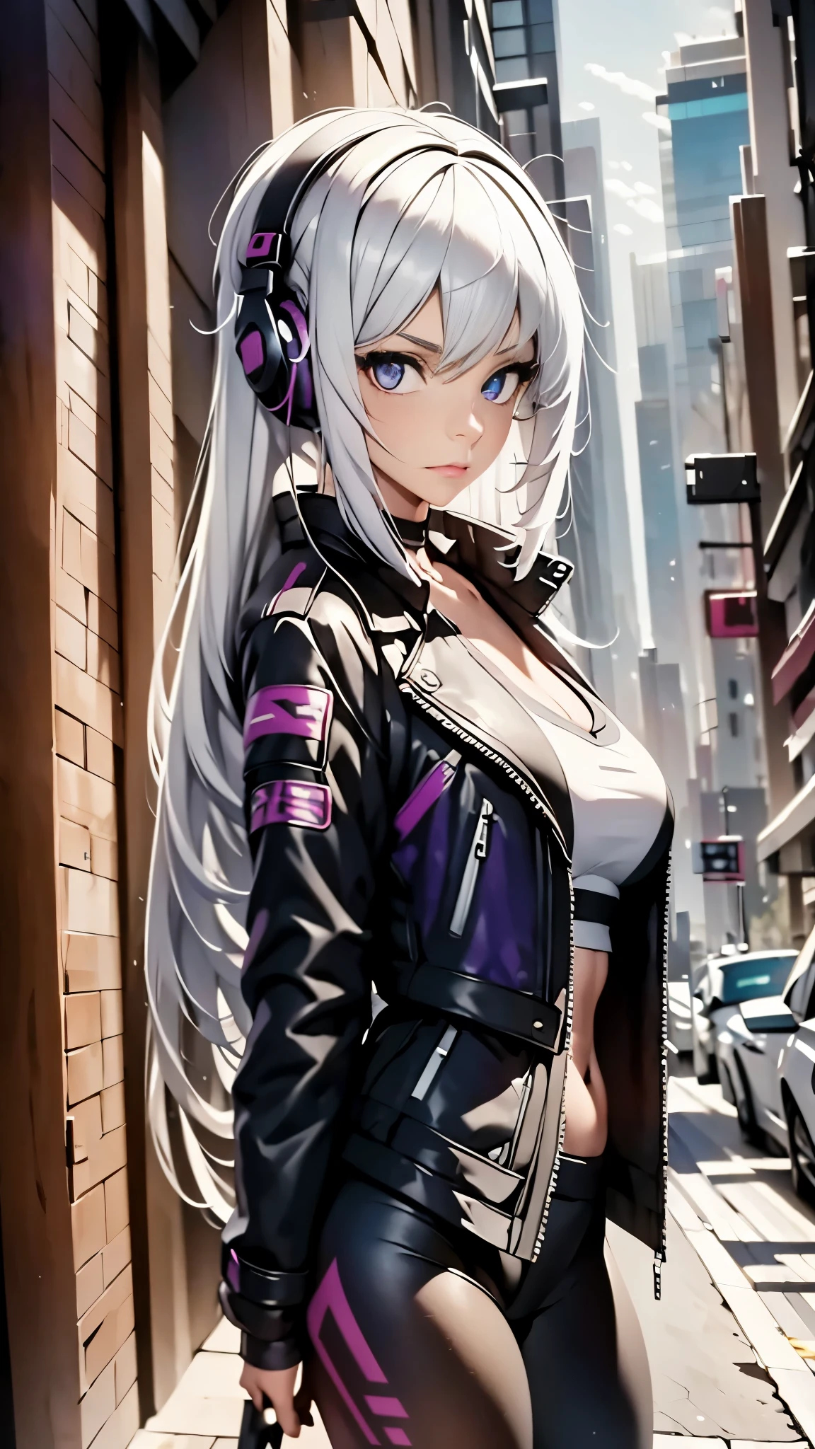 1girl, white hair, long hair, techwear  masterpiece, bestquality, realistic, realism, dark purple jacket, portrait, detailed eyes, wearing headset, platinum hair, 21 year old girl, fashion pose, half body, wide shoot, on the street, cyberpunk