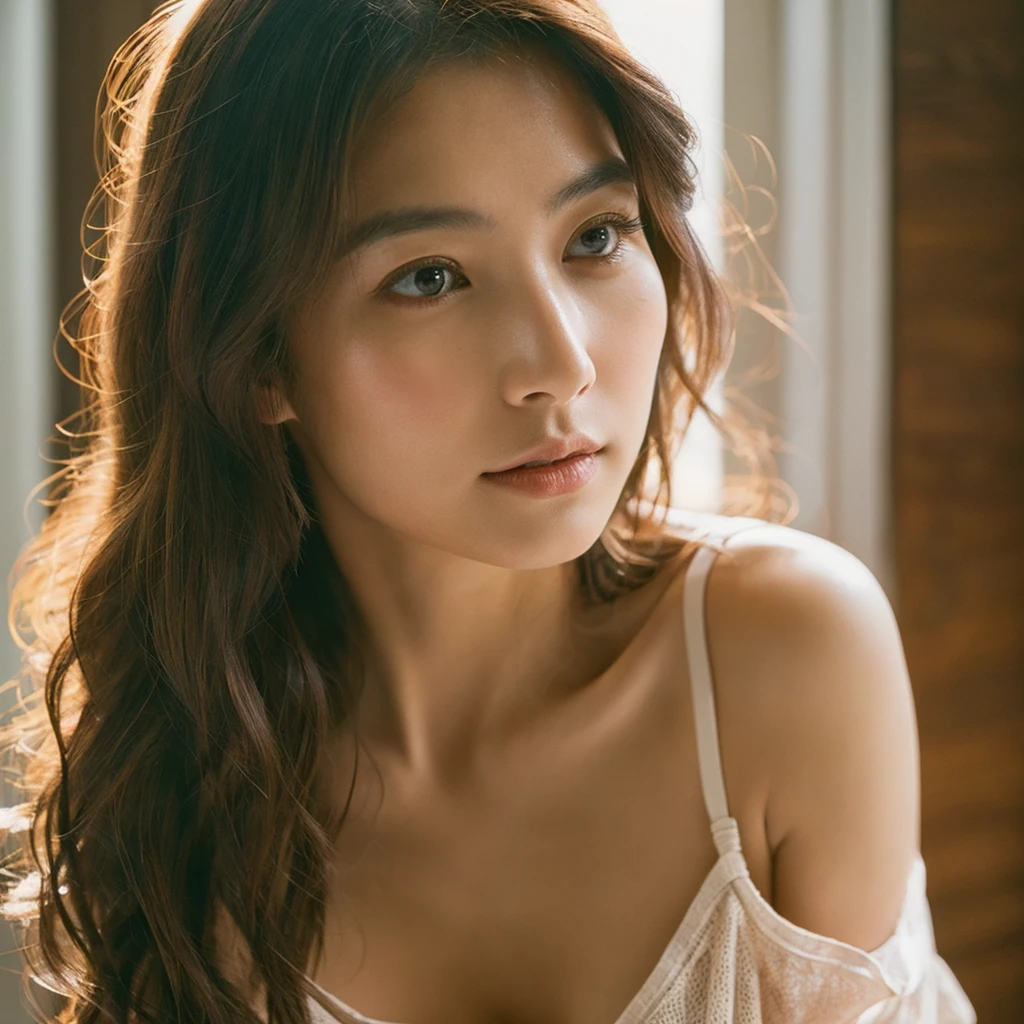 cinematic color, beautiful japanese woman, (best quality, ultra-detailed), feminin lighting, messy hair, wearing lingeries, delicate features, dreamy atmosphere