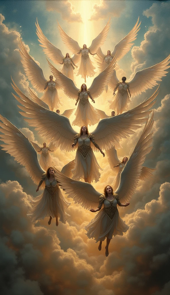 Create an epic Bataha image of the place called Armageddon, proferido no apocalipse, ambiente sombrio, muita poeira e neblina,imagem ultra realista, A battlefield with thousands of soldiers dressed as heavenly angels in battle position, thousands of soldiers in position ready to attack,, many soldiers in white with angels, rosto de anjo perfeito,pele do rosto perfeita dos anjosanjos milhares deles, anjos perfeitos, lutando com armas ancestrais brilhantes, batalha do armagedom.