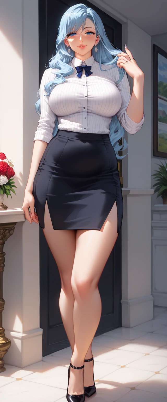 Beauty、Straight Hair、Exposed chest、Exposed crotch、Big Breastini skirt、T-Shirts、Hands on the chest、A big smile、Barefoot、