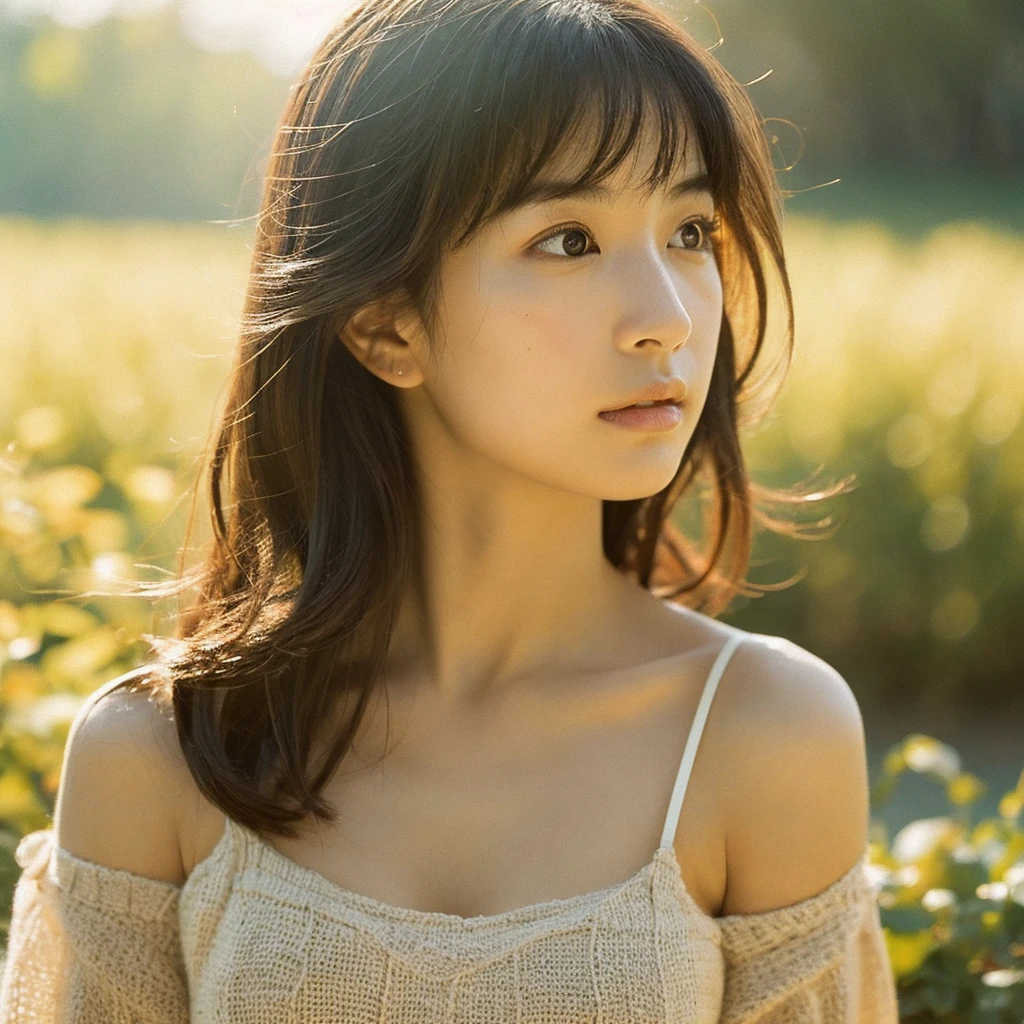masterpiece, Best Quality, 8K, 20 yo, (Large breast:1.2), cuddly, Solo, sad, close up, Cute, Girly, Delicate girl, Neat and clean beauty, Raw photo, Professional Photography, Portrait, Soft light, Professional Lighting, Back lighting, Upper body, Looking away, Sophisticated, Film grain, (Eyes and faces with detailed:1.0), beautiful straight hair, Medium length hair swaying in the wind, silk blouse,