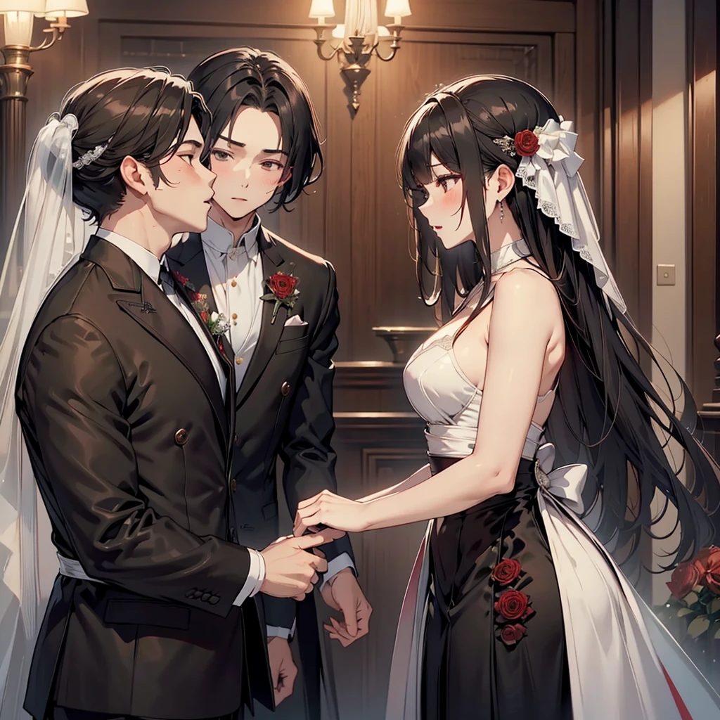  Wedding、 Wedding Style、Kiss scene 、profile、 The man has short hair and dark mocha brown 、 The woman has long black hair with flowing bangs, and the hair color is based on black hair with crimson hair mesh、 the bride has a bouquet of 11 crimson roses 、 the man has 1 crimson rose inserted into the chest pocket of his suit 、