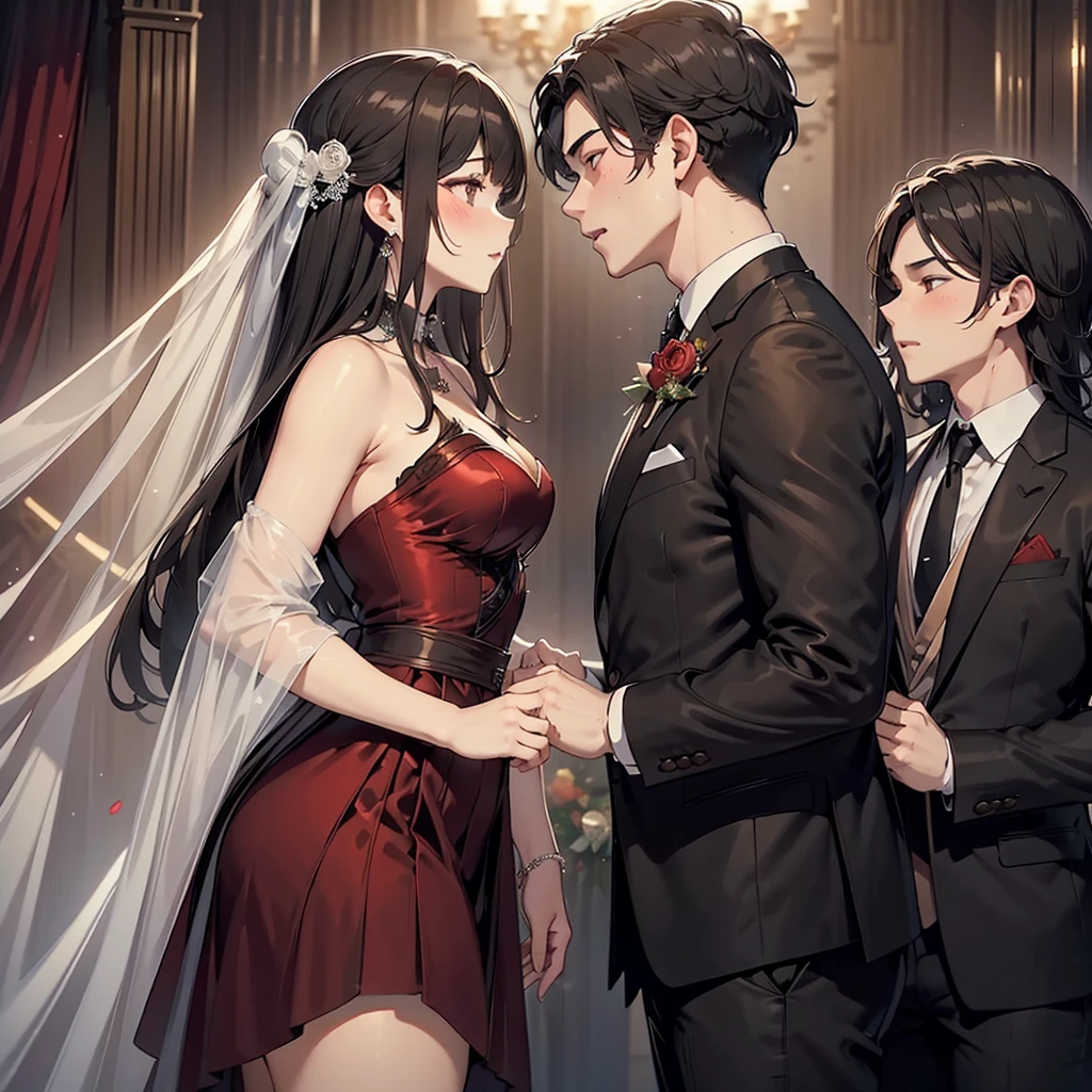  Wedding、Wedding for 2 people 、Kiss scene 、profile、 The man has short hair and dark mocha brown 、 The woman has long black hair with flowing bangs, and her hair color is based on black hair with crimson hair mesh、 the bride has a bouquet of 11 crimson roses 、 the man has 1 crimson rose inserted into the chest pocket of his suit 、