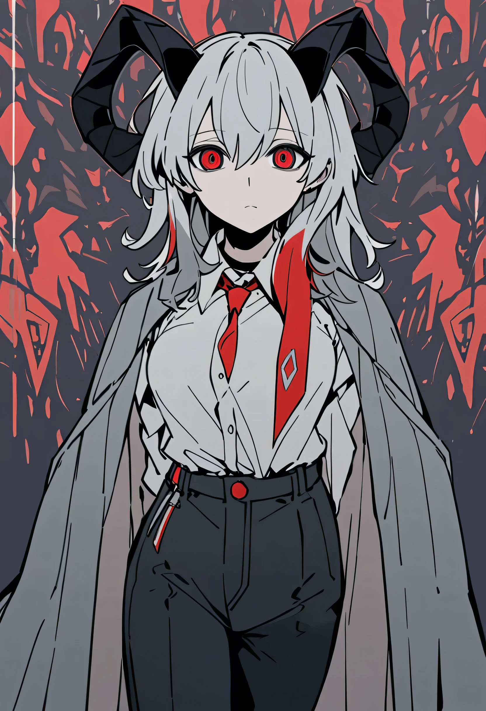 masterpiece, best quality, solo, 1girl, z4ni, flat color, expressionless, looking at viewer, standing, hands behind back, long hair, multicolored hair, grey hair, hair between eyes, goat horns, demon horns, red eyes, grey coat, coat on shoulders, white shirt, collared shirt, red necktie, long sleeves, black gloves, black pants, earrings, black choker, large breasts, dark blue background, abstract background, empty eyes
