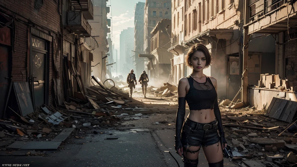 masterpiece, high resolution,8K,(Portrait Photos:1.5),(R Original Photo),Reality,Digital Photography,(Apocalyptic ruins ),City ruins，beautiful 20 year old woman，Short hair，sentry， post-apocalyptic scene， upper body photography ， broken clothes