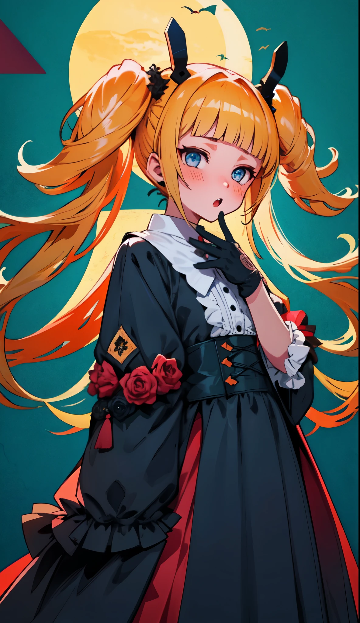 1girl, ite, twin drills, twintails, blonde hair, long hair, blunt bangs, blue eyes, embarrassed, :o, looking at viewer, double teeth, full-face blush, goth fashion, gothic architecture, black gothic dress, long sleeves, gothic head dress, black gloves, red rose, hand on own face, gothic room, face focus, face close-up, ,