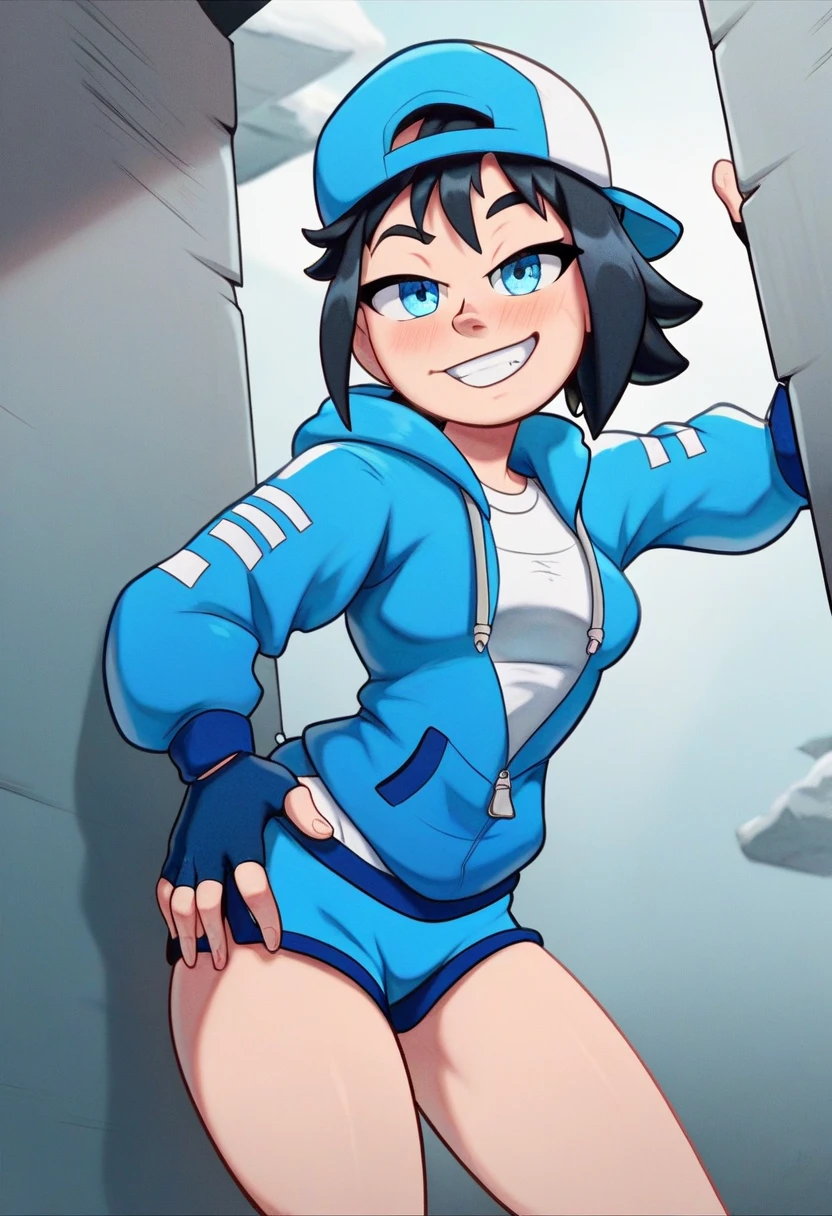 score_9, score_8_up, score_7_up, source_anime, best quality, clear face,fast skinny skate girl,black hair, blue eyes, medium hair, medium breasts, perfect body, standing, slight smile,blue mini shorts, indoor, pose,cool,simple design,cute, thick legs, hat cap,blue cap,exposed belly,blue cool fingerless gloves,blue mini half hoodie zipped,skate girl,energetic,lewd face ,lewd look,sensual face