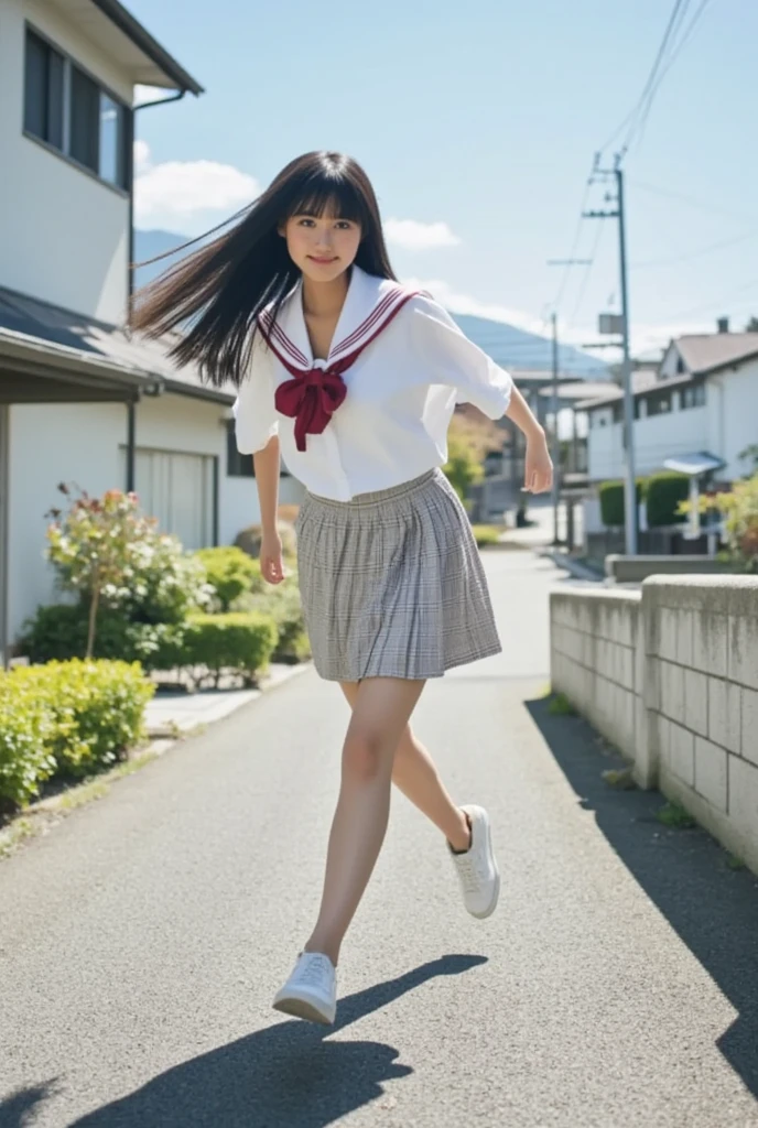 A realistic Japanese high school girl, carefully drawn down to the smallest detail, is dashing at full speed in a loose blouse and pleated skirt with an inseam length、
