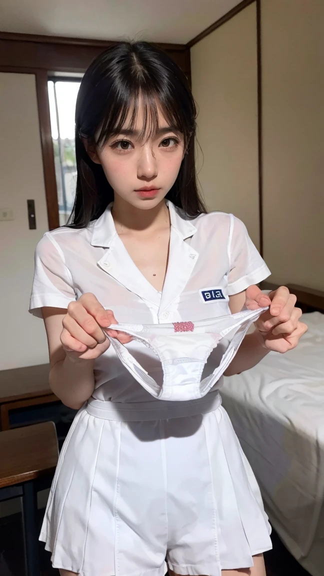 ((Highest quality)), ((masterpiece)), , Perfect Face, , Realistic, photo Realistic, Highly detailed face、Fair skin、 18 ~ Random age up to 35, (Skirt flip), ((Skirt flip by myself)), ((No underwear、Thin black pubic hair,)) blush:2.0,Mouth half open、 Part your lips, Embarrassed look、Looking at the audience , Half Body Shot ,Random hairstyles for short hair and updos、Sweaty、Wet Skin、Camel Finger、Thigh Gap、Wet crotch、((Hospital inpatient room、nurse、Wearing a white nurse uniform and a white nurse cap、White Skirt))、Large Breasts、Angle from below