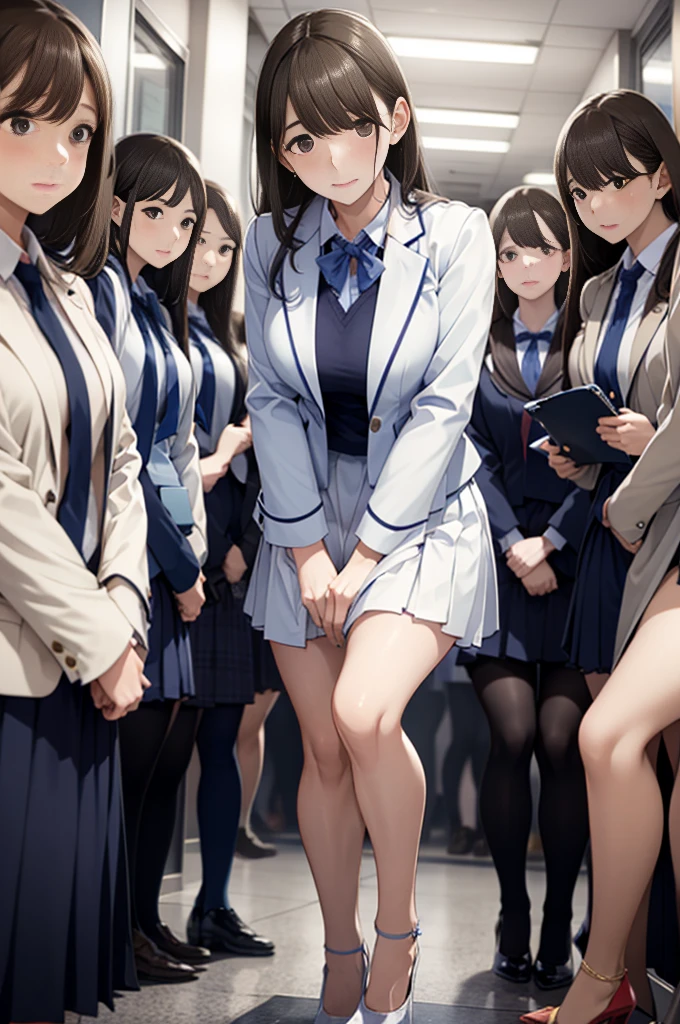 masutepiece, Best Quality, Five girls in the classroom,(5 people standing:1.2),Standing,Teenage, Looking at Viewer,l Group shot, harems,nffsw,Retro underwear,(pantiy),Realistic,School uniform,(Dark blue blazer and white shirt) ,(Dark blue pleated skirt),Blue Ribbon ,(Looking back, ass grab:0.9),(Beautiful eyes:1.3),frombelow,From below,Kinney,(skinny:1.2) ,Slender thighs, Long body, novel illustration,(Smelly eyes:0.5),closed curtains,(shirts lift,lifted by self:1.5) ,Dark Persona.Skirt lift front,(Panties:1.3),