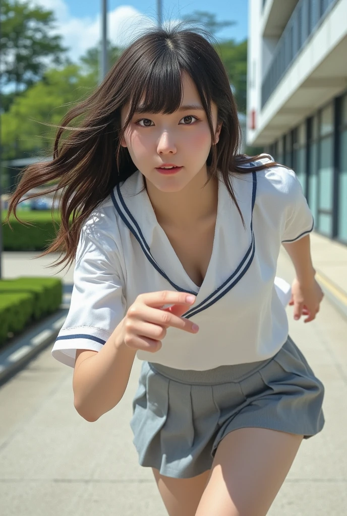 1girl,(((Frontal bust shot angle))),Wide open chest、(((A shopping street lit up by neon lights at night、City of night)))、(((Moonlight at night)))、8k UHD、Digital single-lens reflex camera、High resolution、Shallow depth of field、Natural light、(((Sailor suit)))、(((navy blue super mini skirt)))、(((Full body photography)) )、Small person、(((Young face)))、1 Japanese female、14 years old;beautiful girl、(Black Hair)、A strong wind blows up my skirt、(((Brown eyes)))、Glowing Skin、Smooth Thinning Hair、Long Hair、Detailed background、Detailed eyes and face、Clear Eyes、Cute smile、Calm atmosphere、(((stage)))、(((Small breasts)))、(((Beautiful Eyes)))、Flat chest、Children、(((Toned thighs))) 、(((Angle from below) ))、(((Fine lips)))、(((Skirt fluttering)))、Shining beautiful legs、( Skirt fluttering violently in the strong wind :1.4), (hair blowing in the strong wind:1.4), (leaning forward)、(((barefoot、barefoot)))