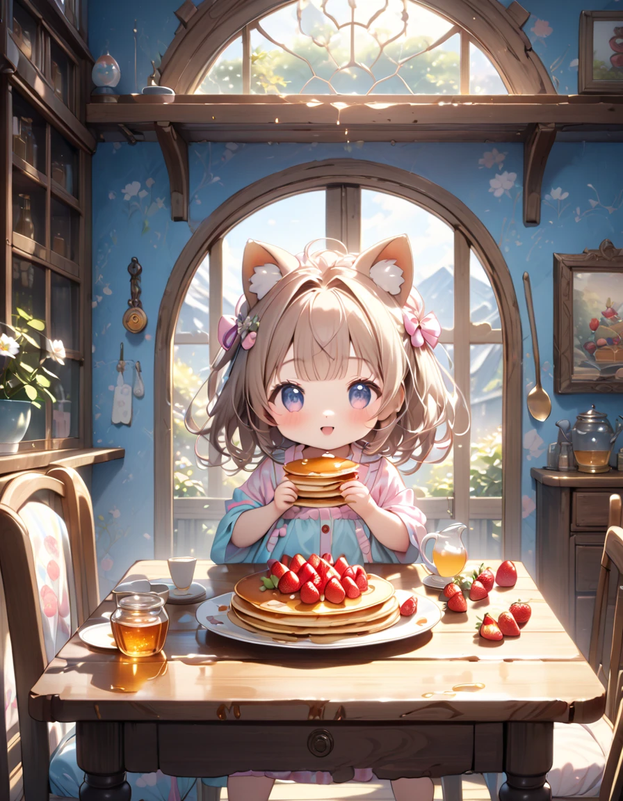 (masterpiece, ultra-detailed, best quality, clear focus, dramatic scene, cinematic), shadow, (ultra-high resolution, 8k), perfect anatomy, perfect face, (detailed face, detailed eye, chibi), cute Japanese chibi girl, famous Japanese chibi idol, very beautiful and cute and cool face, (wearing a cute colored room wear:1.3), (large breasts), (She is enjoying her breakfast of four layers of pancakes topped with strawberries and drizzled with honey:1.3), antique table and chair, sitting, holding a knife and a fork, at the dining room in the log house, in the morning, (detailed giant fat cat:1.2), she looks so happy, the cat is sleeping, there are cute furnishings in her room, Flower pot and cat in bay window, many cats are surrounding her, fireplace