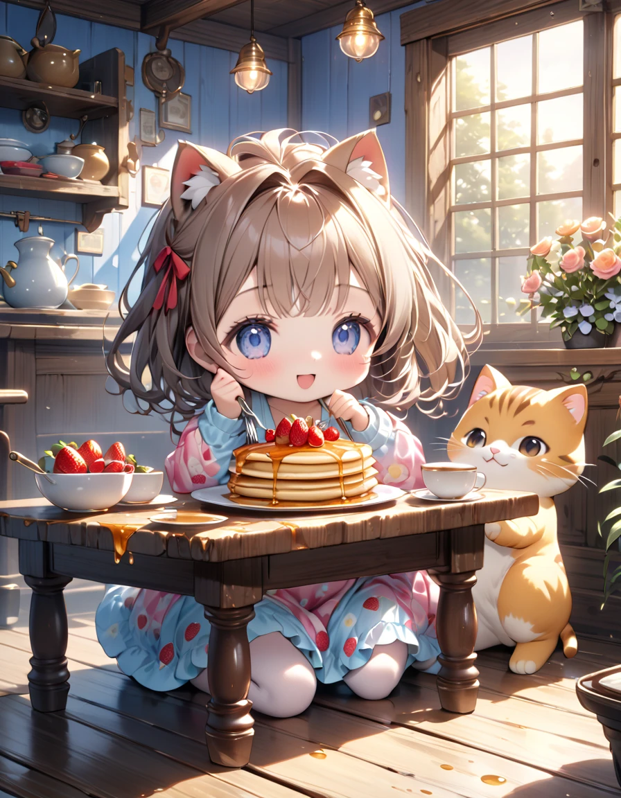 (masterpiece, ultra-detailed, best quality, clear focus, dramatic scene, cinematic), shadow, (ultra-high resolution, 8k), perfect anatomy, perfect face, (detailed face, detailed eye, chibi), cute Japanese chibi girl, famous Japanese chibi idol, very beautiful and cute and cool face, (wearing a cute colored room wear:1.3), (large breasts), (She is enjoying her breakfast of four layers of pancakes topped with strawberries and drizzled with honey:1.3), antique table and chair, sitting, holding a knife and a fork, at the dining room in the log house, in the morning, (detailed giant fat cat:1.2), she looks so happy, the cat is sleeping, there are cute furnishings in her room, Flower pot and cat in bay window, many cats are surrounding her, fireplace