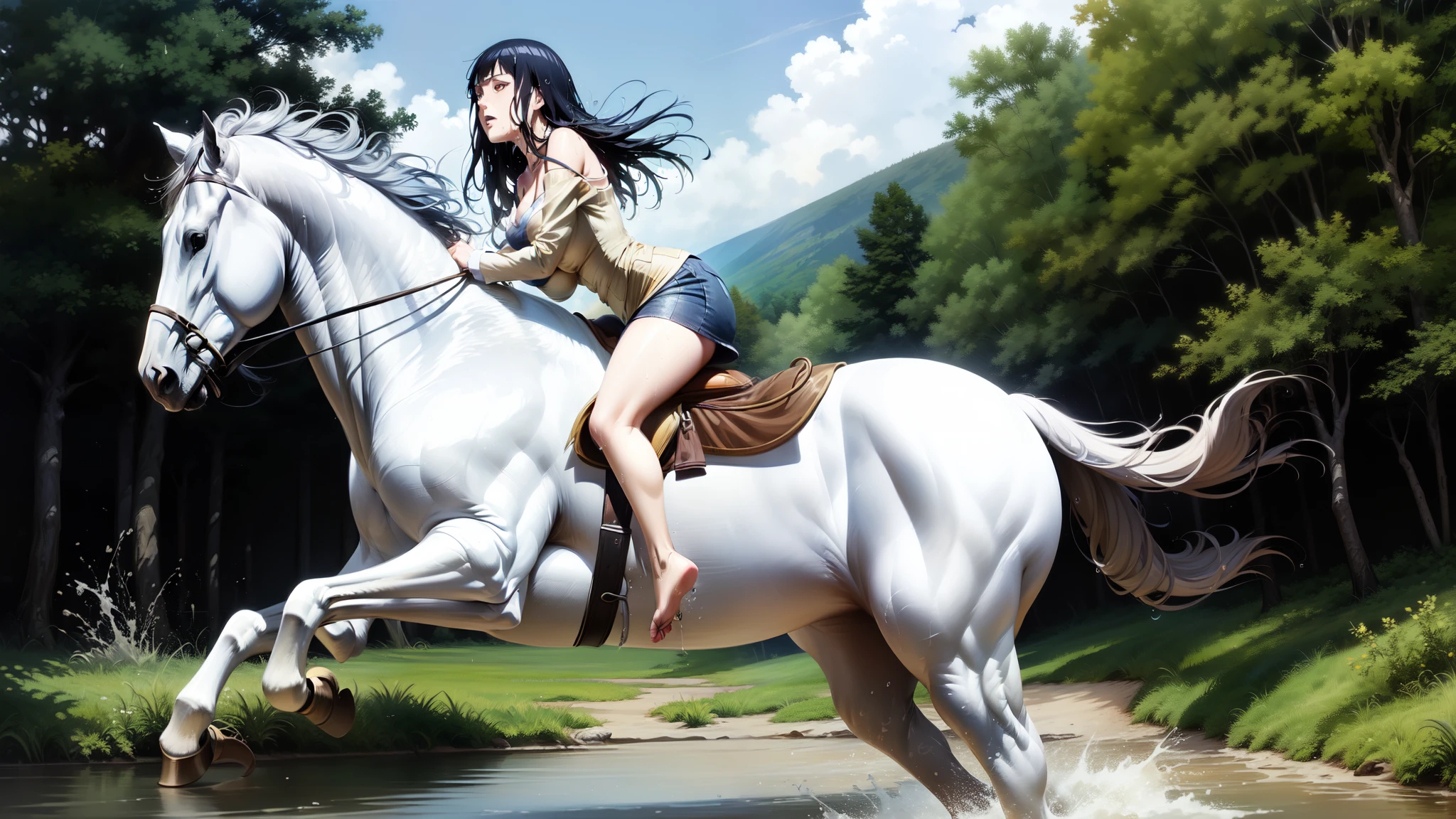 ((best quality)), ((anime masterpiece)), (high detailed), 8k, cinematic lighting, perfect face, medium breast, cleavage, (((a woman wearing one piece miniskirt riding on a WHITE HORSE)), (long hair, {black hair}), (one piece miniskirt, bare legs, barefoot)), (white horse, saddle, reins, bridle), solo, (in the river, submerge water, splashes, woods, medieval settings:1.2), both hand holding rein, from side: 1.2, anatomically correct 