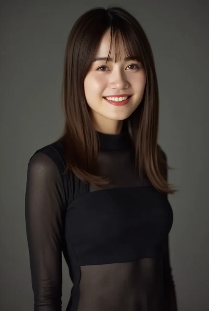 8k, RAW Photo, Best Quality, Masterpiece:1.2),(Realistic, photo-realistic:1.37), Super Detail, wearing black pantyhose,She is wearing tight thin fitting transparent black long sleeve turtleneck, no skirts, transparent black pantyhose, cinematic lighting, sexy pose, monotone background, facing front, smiling, portrait, dressed up to the belly button, dressed up to the neck
