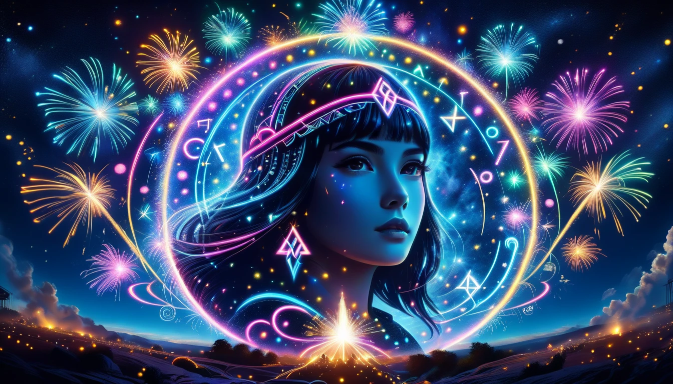 cline,  Mysterious Bezier Curves , Lucia,Runes, bangs,8k,
 Spirituality , Interstellar Civilization , Mysterism ,
ONE GIRL IN NEON ,Alone,最 High Quality ,  High Quality ,  high definition ,   Masterpiece , Sharpening, Nice face,
  Lal Fireworks, 
  Stencil Style ,