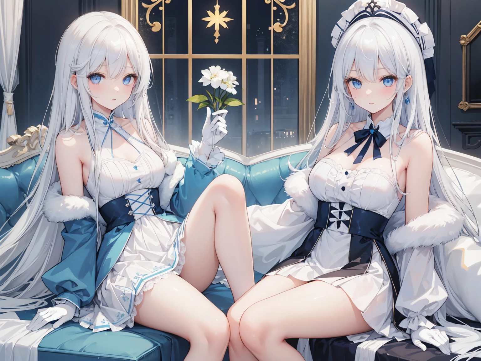 high quality, masterpiece, ultra-detailed, 2 loli girls, peaceful expression, beautiful and cute, shiny skin, long hair, enchanting eyes, ridiculously large breasts, sitting on bed, yuri, Valentine's Day balloons, lingerie, frills, bows