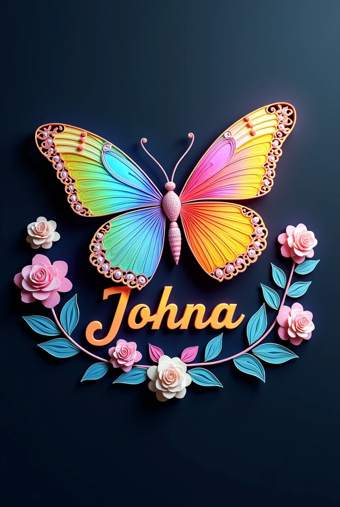 A 3D render of a radiant butterfly with a dazzling rainbow-neon color palette, including shades of blue, golden, green, yellow, and orange. The butterfly is
gracefully perched on a nameplate writte name  "Johna". The nameplate showcases an intricate work of quilling art, adorned with pastel neon filigree designs and white roses. The mysterious dark backdrop amplifies the vibrant colors of the butterfly and emphasizes the delicate details of the nameplate.
