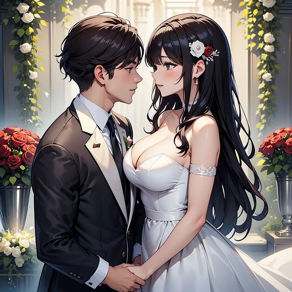  Wedding、Wedding for 2 people 、Kiss scene 、profile、 The man has short hair and dark mocha brown 、 The woman has long black hair with flowing bangs, and her hair color is black with crimson hair mesh、 the bride has a bouquet of 11 crimson roses 、 the man has 1 crimson rose inserted into the chest pocket of his suit 、The bride's dress is pure white and has a sexy design with big breasts 