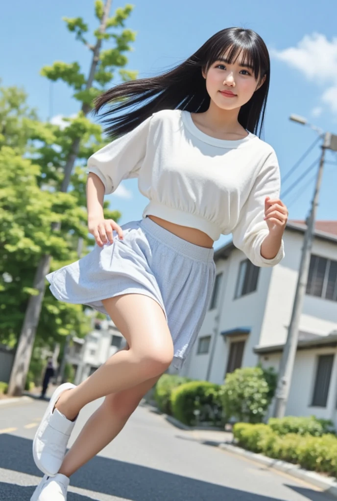 A realistic Japanese high school girl, carefully drawn down to the smallest detail, is dashing at full speed in a loose blouse and pleated skirt with an inseam length、
