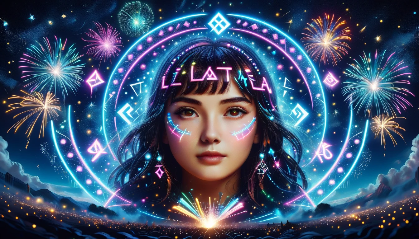 cline,  Mysterious Bezier Curves , Lucia,Runes, bangs,8k,
 Spirituality , Interstellar Civilization , Mysterism ,
ONE GIRL IN NEON ,Alone,最 High Quality ,  High Quality ,  high definition ,   Masterpiece , Sharpening, Nice face,
  Lal Fireworks, 
  Stencil Style ,