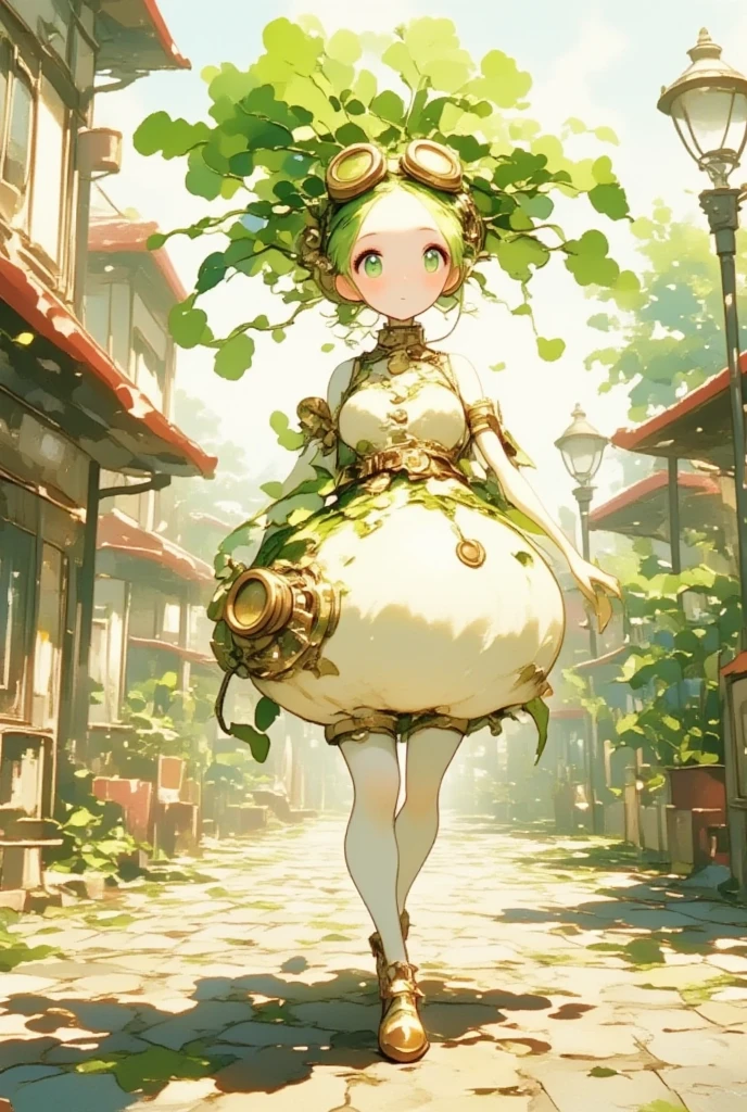 1980s Animation style, A cute daikon lady in steam punk costume is walking down the cobblestone pavement on a sunny day.