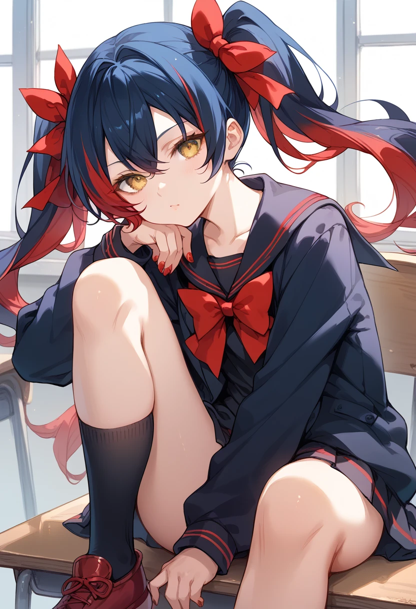 Sei Shonagon、One person、solo、Yellow Eyes、Twin tails、solo、Blue Hair、マルチカラーRed hair、Black Hair、Red hair、Jacket、collar、Sailor suit、Sailor collar、A bow tie、Red ribbon、band、Black socks、Knee socks、Red footwear、Manicure BREAK、Upper Body、Bright classroom、(squat、Leg spread)、Spread your legs、Wicked Smile、Panty shot、Headrest、Focus on the groin