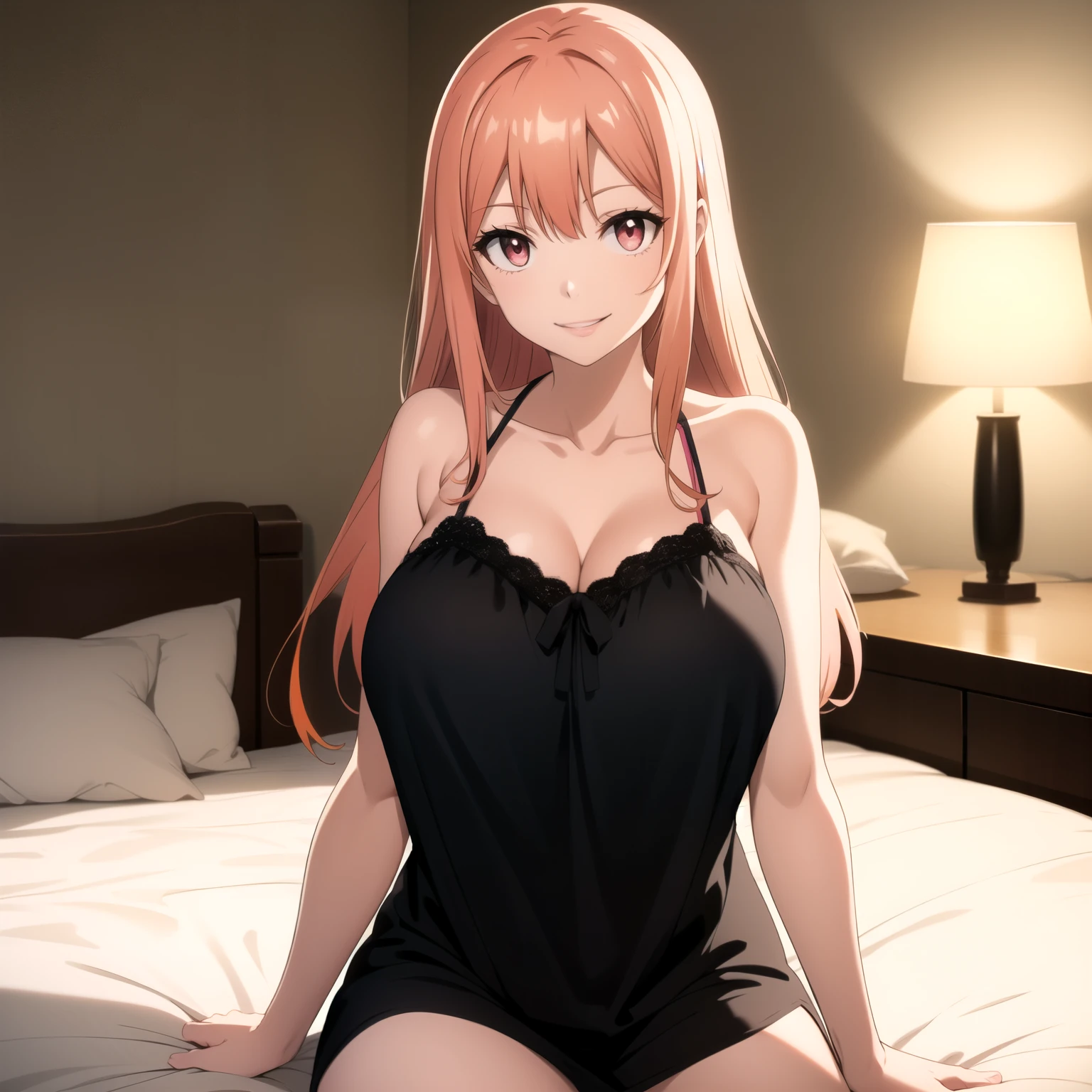 women's long orange hair ,  bright pink eyes ,  Big breasts. happy smile,  sexy black nightgown . Background a bedside bed.