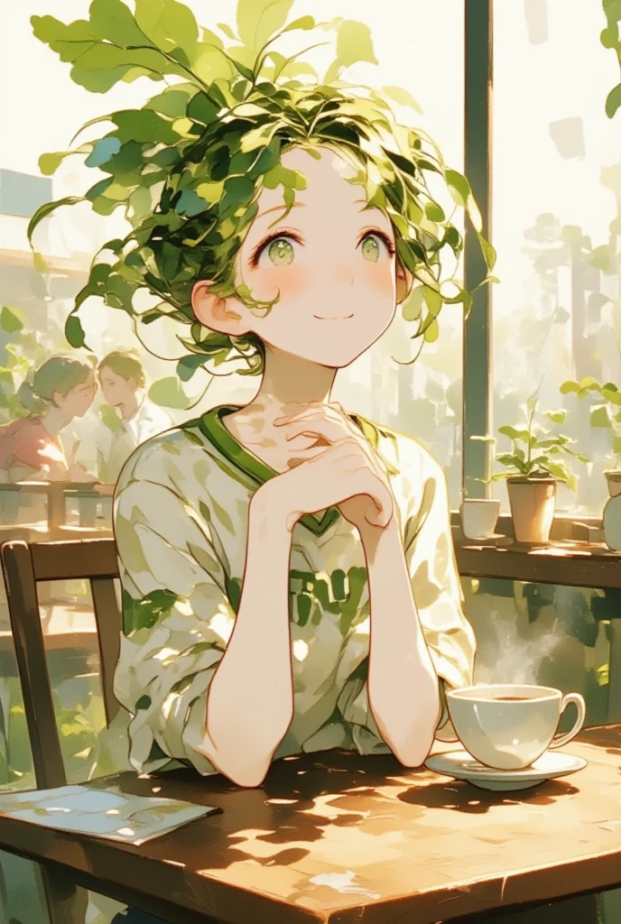 A girl in casual clothes is sitting in a cafe and drinking coffee with a smile