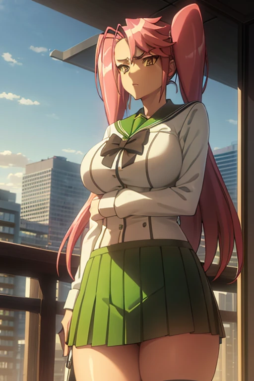 1 , Alone, Saya takagi,  long hair, hair, two braids, ( brown eyes : 1.3), hair hair, pink hair, cups, Pleated green skirt, knee-high,  serafuku,  zettai ryouiki, green skirt,  bow tie, long sleeves, black knee-high, black  bow tie, open air, city, Zombies, , sky, clouds, cars,  looking at the spectator , (cowboy shot: 1.5), Big breasts ,,  wide hips, medium thighs,round ass, curvy body,(  masterpiece : 1.2),  best quality, Alta reução, Papel de parede Unity 8k , (  similar to Kemono : 0.8), (Beautiful and Detailed Eyes: 1.6),  extremely detailed face,  perfect lighting ,  extremely detailed CG (Perfect Hands, perfect anatomy),